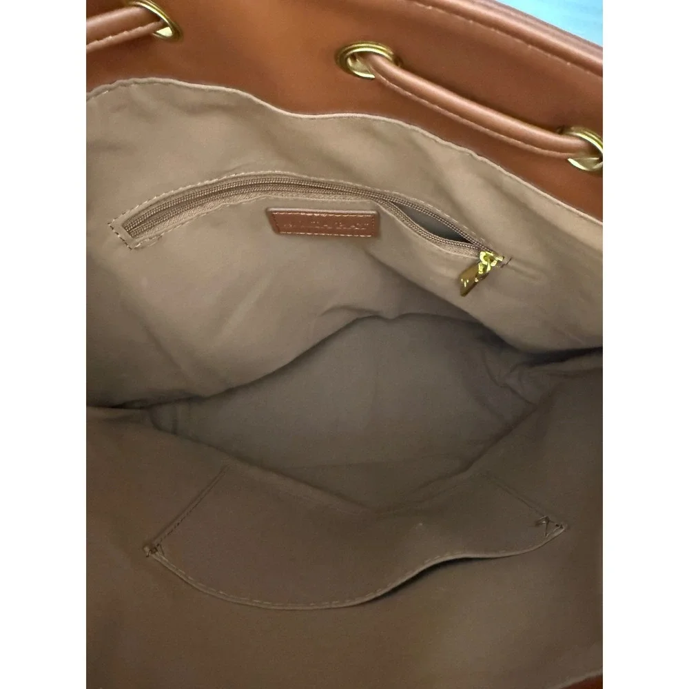 Mia Ray Medium Cognac Brown Embossed Monogram Faux Leather Drawstring Bucket Bag